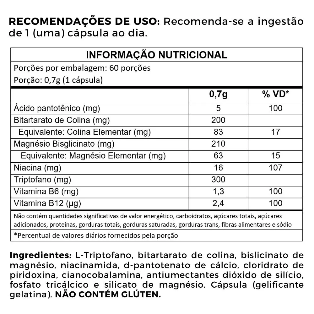 L Tryptomag (Magnésio + Triptofano + Colina + Vitaminas) 60 Cápsulas - Imagem 3