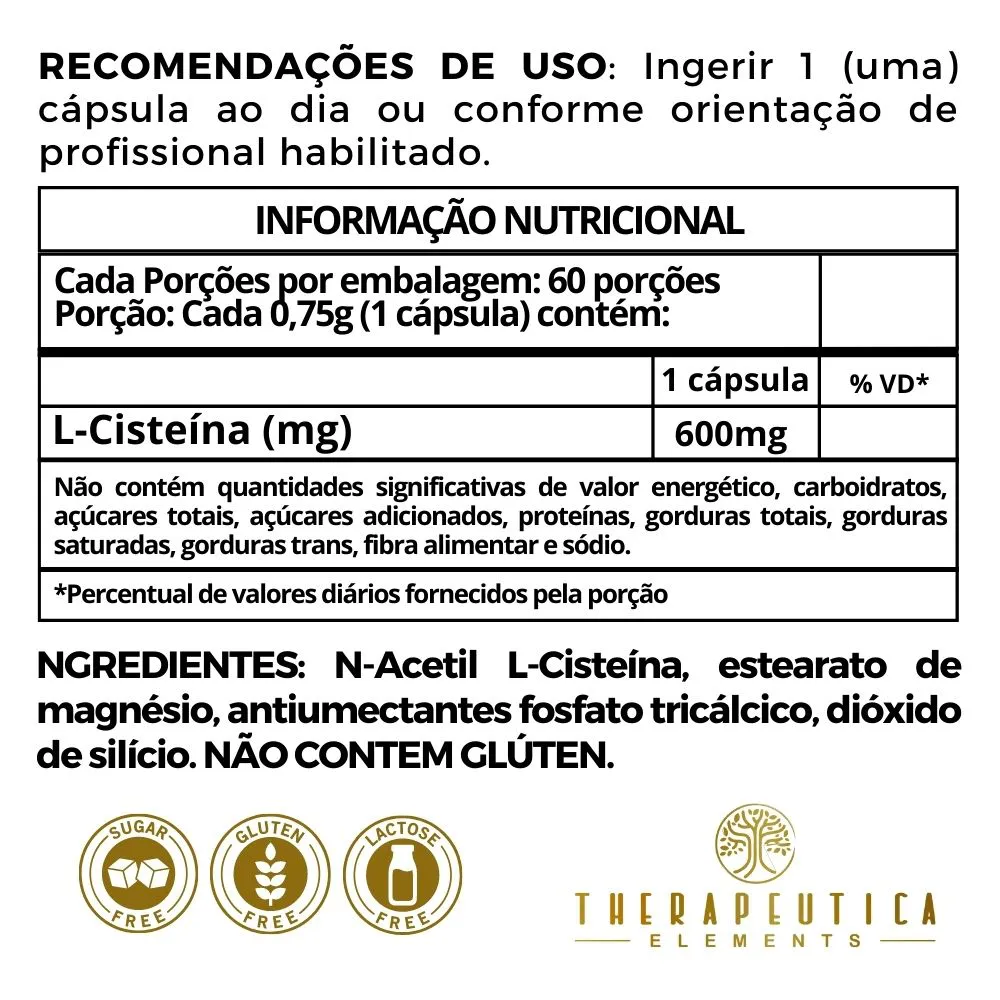 NAC (N-Acetil L-Cisteína) 600mg Vegan 60 Cápsulas Therapeutica - Imagem 4