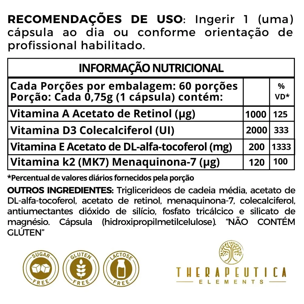 Vitaminas A.D.E.K Lipossolúveis Vegan 60 Cápsulas Therapeutica - Imagem 3